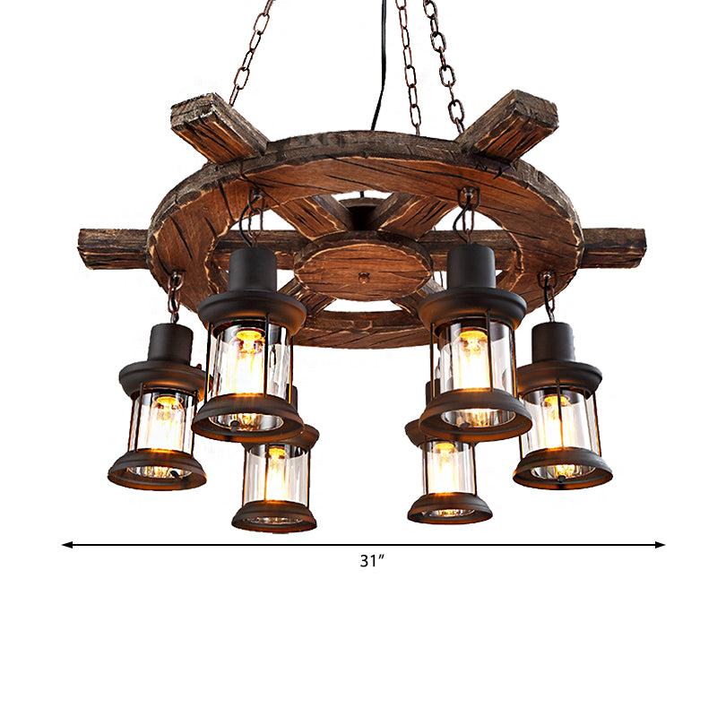 Lantern Restaurant Ceiling Chandelier Coastal Metal 6 Lights Balck Pendant Lamp with Wooedn Rudder Decoration