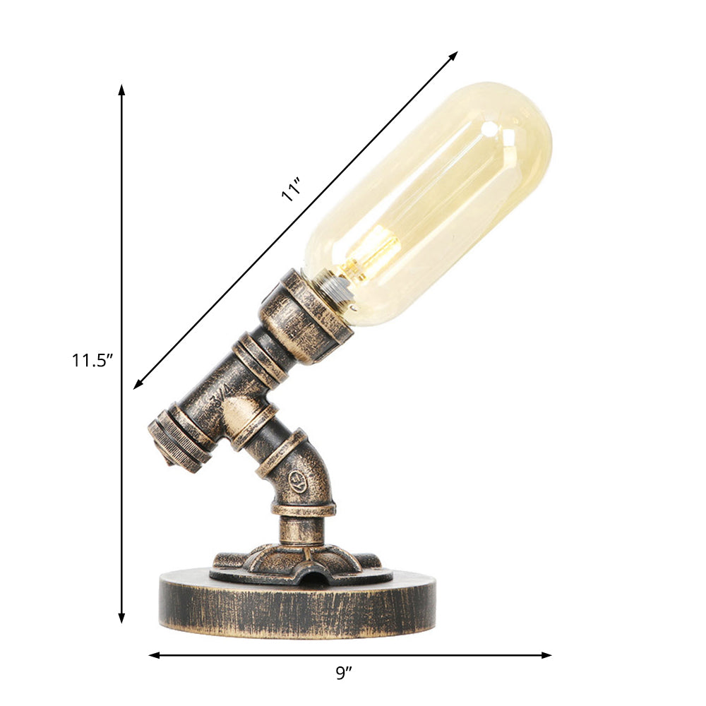 Capsule Bedroom LED Night Light Industrial Amber/Clear Glass 1 Head Nickel Table Lamp with Pipe Metal Base