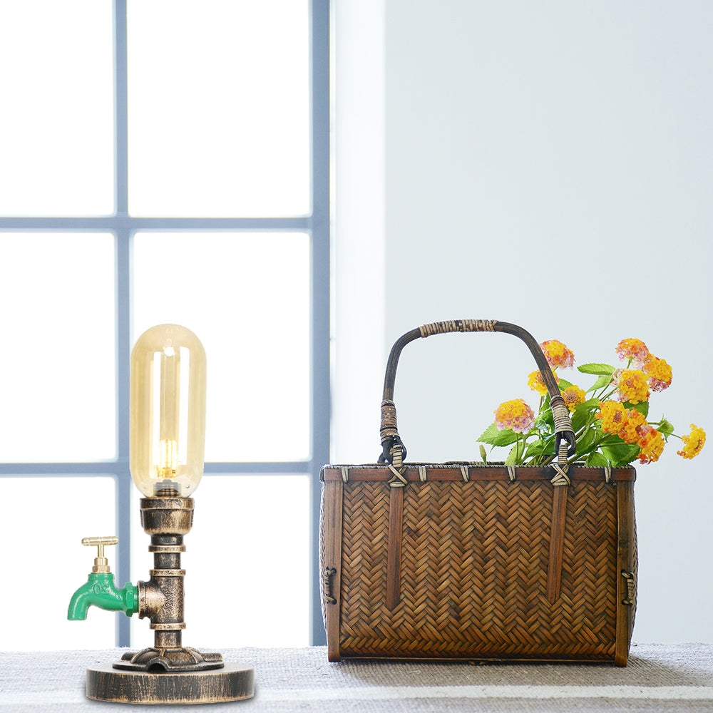 1 Light Capsule Table Light Industrial Brass Clear/Amber Glass Nightstand Lamp with Pipe Metal Base for Teahouse