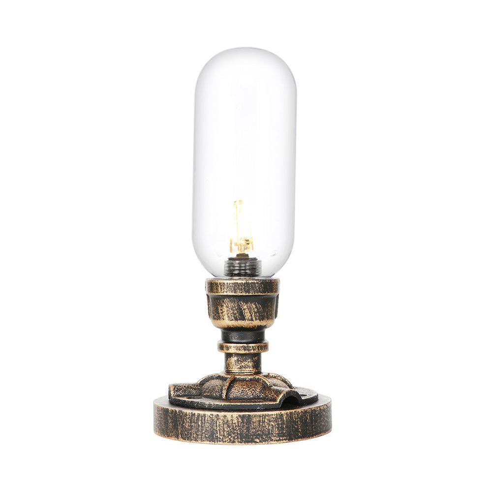 1 Light Capsule Table Light Industrial Brass Clear/Amber Glass Nightstand Lamp with Pipe Metal Base for Teahouse