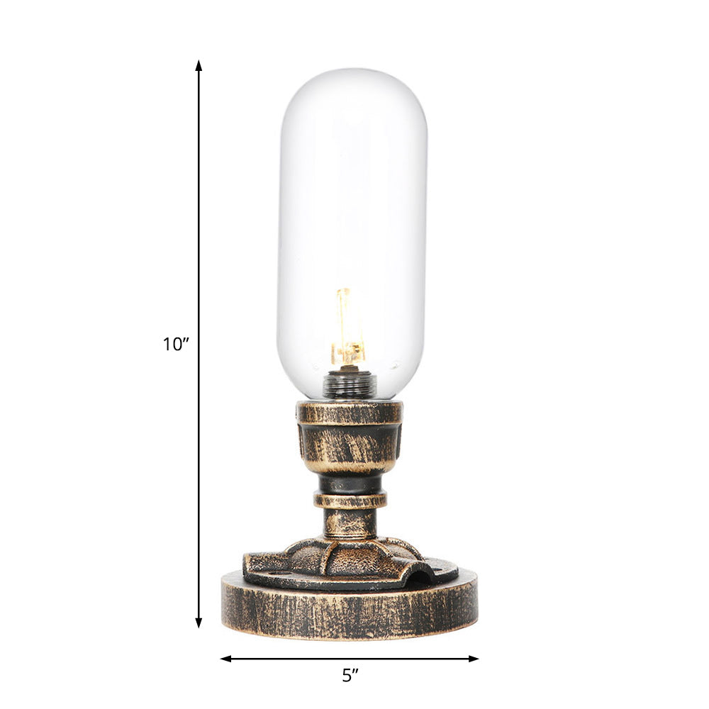 1 Light Capsule Table Light Industrial Brass Clear/Amber Glass Nightstand Lamp with Pipe Metal Base for Teahouse