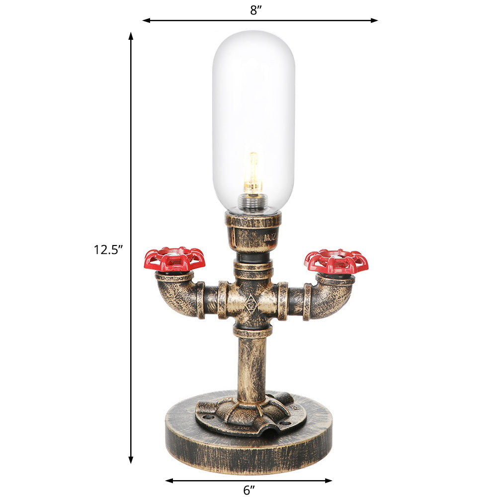 1 Light Capsule Table Light Industrial Brass Clear/Amber Glass Nightstand Lamp with Pipe Metal Base for Teahouse