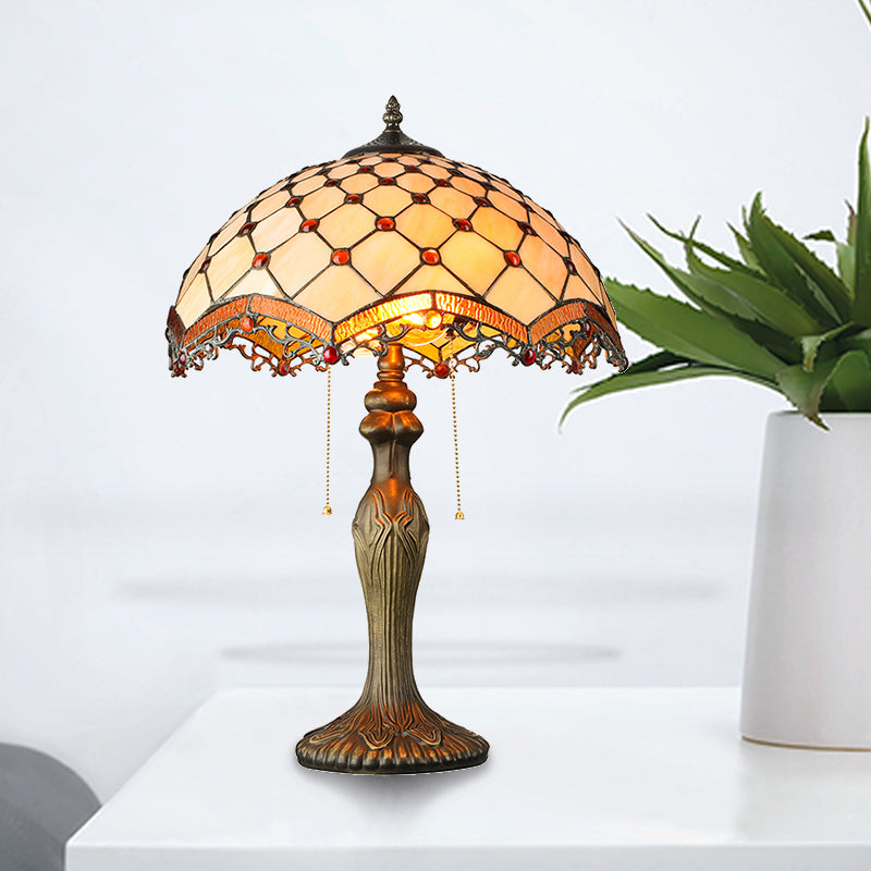 2 Lights Bowl Desk Light with Bead Tiffany Classic Art Glass Desk Lamp in Beige for Study Room