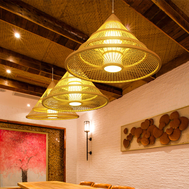 Asian Style Single Head Ceiling Pendant Light Beige Wide Flare Suspended Lighting Fixture with Bamboo Shade