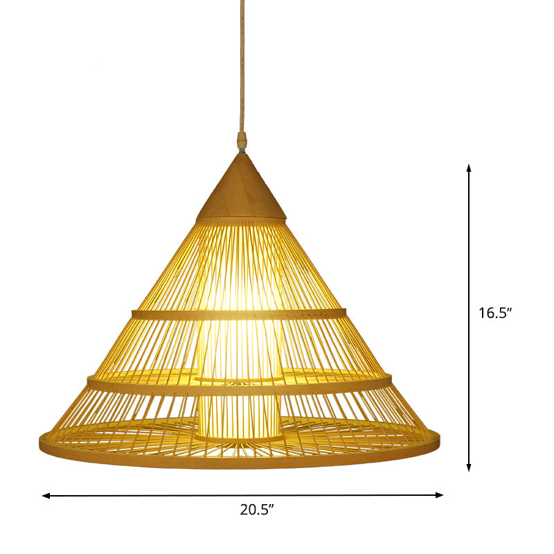 Asian Style Single Head Ceiling Pendant Light Beige Wide Flare Suspended Lighting Fixture with Bamboo Shade