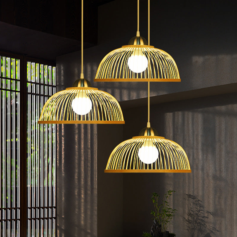Dome Hanging Ceiling Light Asian Style Bamboo Single Bulb Beige Pendant Lamp for Tearoom