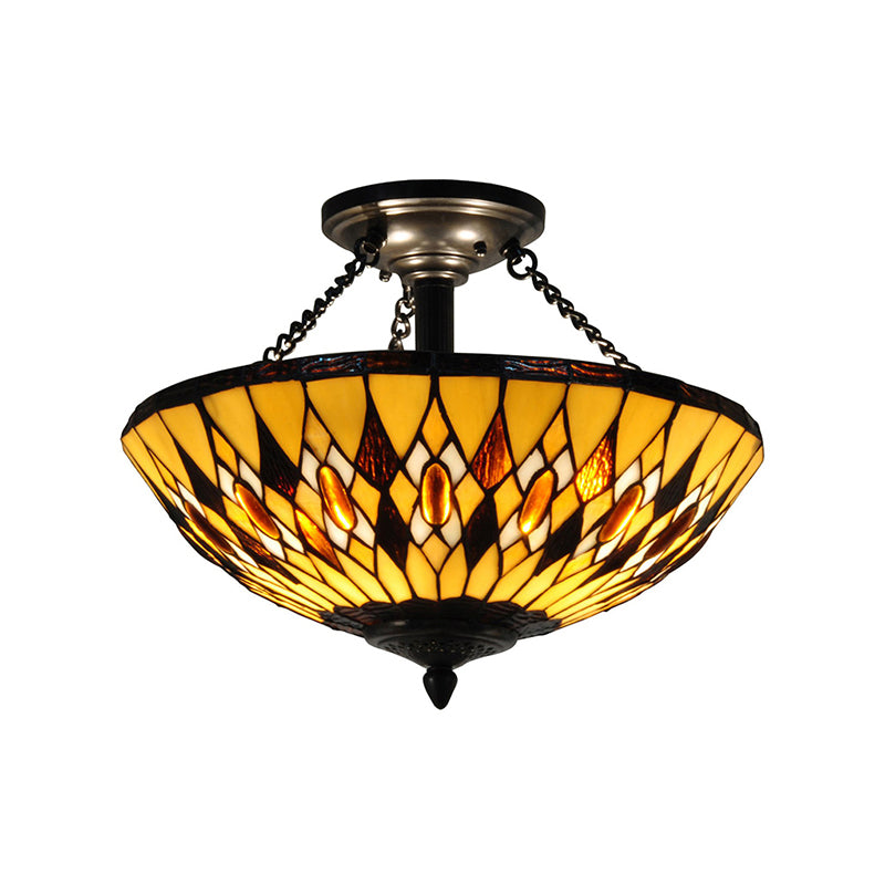 Tiffany Vintage Bowl Chandelier Stained Glass Yellow Inverted Hanging Light for Dining Room