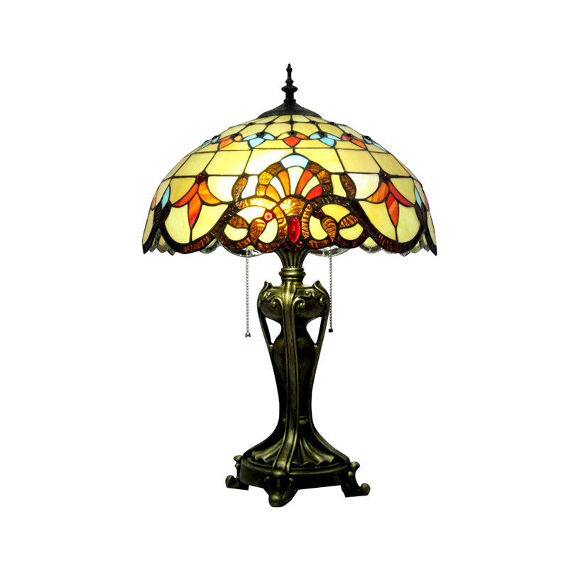 Villa Sunflower Desk Light with Pull Chain Stained Glass 2 Lights Rustic Tiffany Reading Light in Orange/Beige