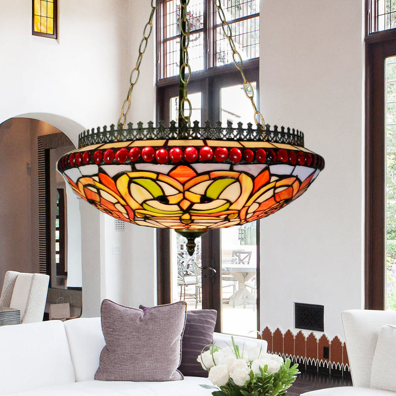 Stained Glass Bowl Chandelier Dining Room Tiffany Exquisite Hanging Light in Orange