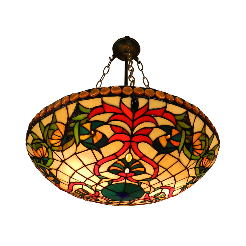 Stained Glass Shallow Bowl Hanging Light Tiffany Style Chandelier in Antique Bronze for Cloth Shop