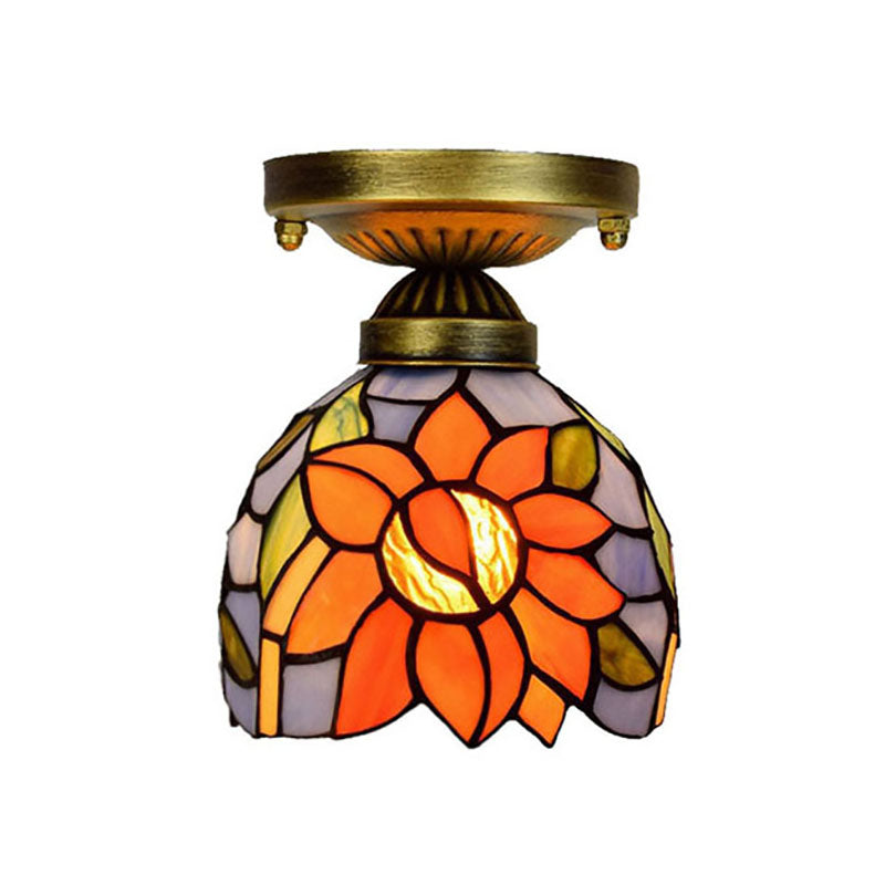 6 Inch Rustic Orange Ceiling Lamp Sunflower 1 Head Stained Glass Flush Ceiling Light for Corridor