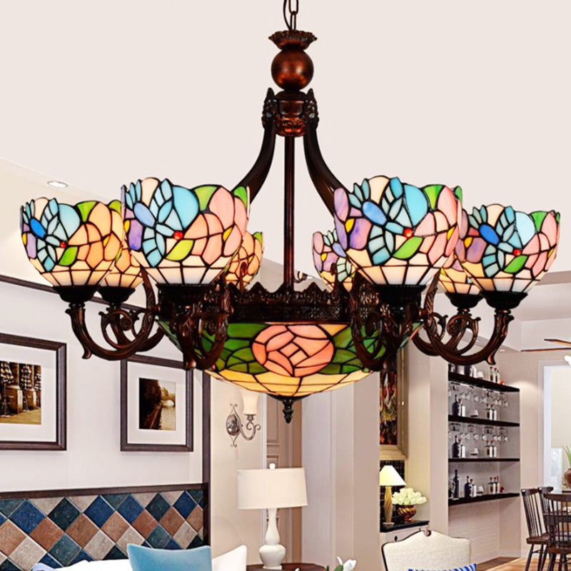 Multi-Head Bird Rose Chandelier Rustic Tiffany Stained Glass Hanging Light in Pink for Villa