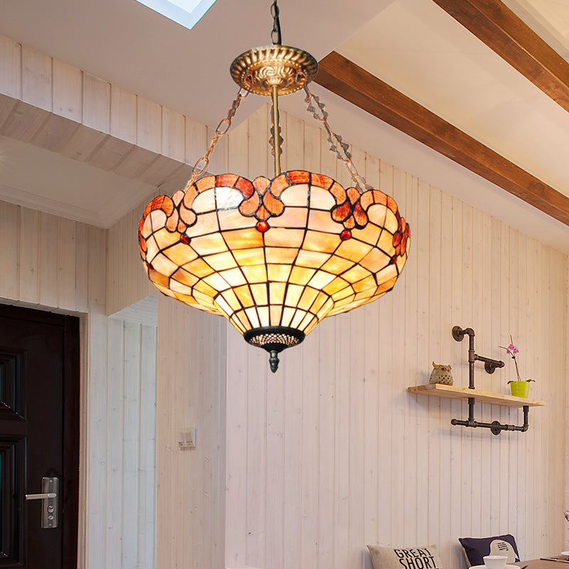 Traditional Tiffany Barn Suspension Light 3 Lights Shell Inverted Chandelier in Beige for Bedroom