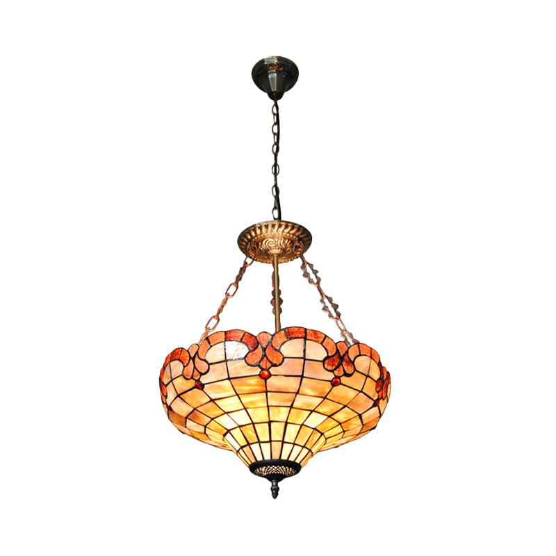 Traditional Tiffany Barn Suspension Light 3 Lights Shell Inverted Chandelier in Beige for Bedroom