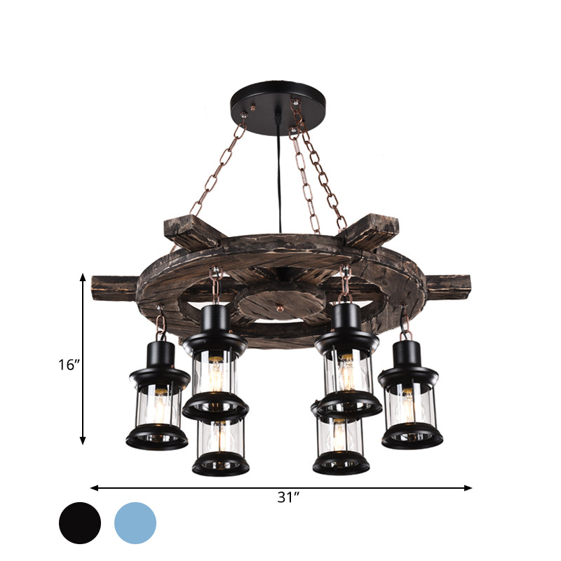 6-Light Clear Glass Drop Pendant Factory Black/Gray Kerosene Chandelier Lighting with Wood Rudder Deco