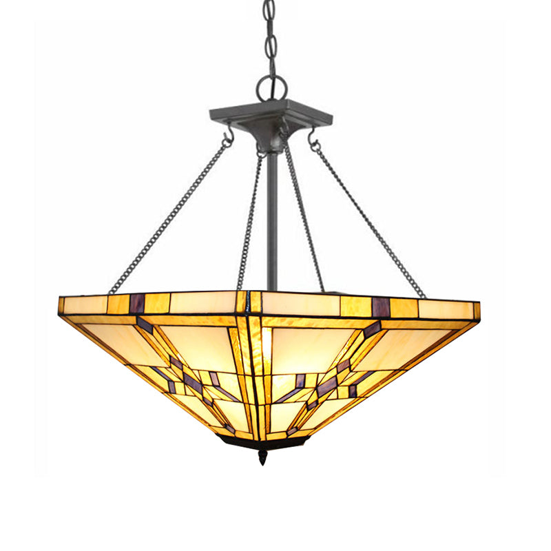 19.5"/27.5" Wide Tiffany Vintage Pyramid Chandelier Stained Glass Inverted Pendant Light in Beige for Bedroom