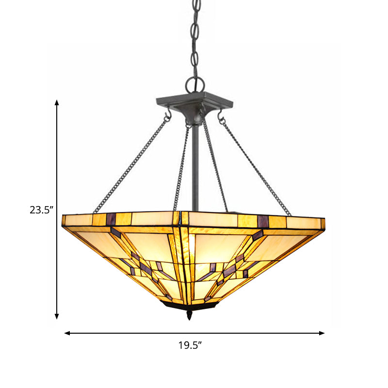 19.5"/27.5" Wide Tiffany Vintage Pyramid Chandelier Stained Glass Inverted Pendant Light in Beige for Bedroom