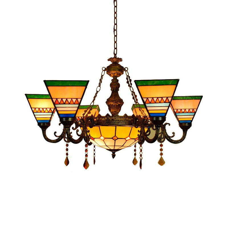 Craftsman Living Room Chandelier with Agate Stained Glass Tiffany Vintage Hanging Light in Orange-Green