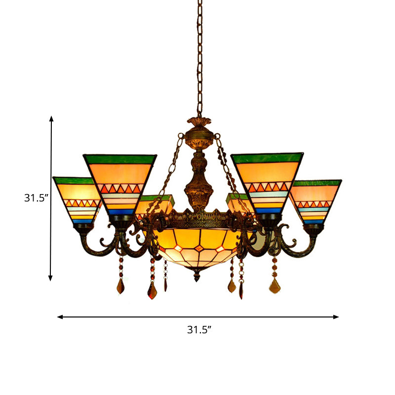 Craftsman Living Room Chandelier with Agate Stained Glass Tiffany Vintage Hanging Light in Orange-Green