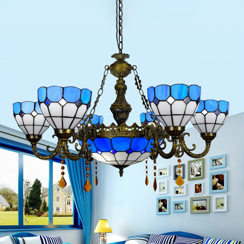 Art Glass Domed Chandelier with Agate Multi-Head Tiffany Traditional Hanging Light in Blue