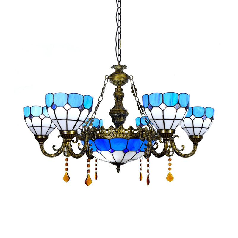 Art Glass Domed Chandelier with Agate Multi-Head Tiffany Traditional Hanging Light in Blue