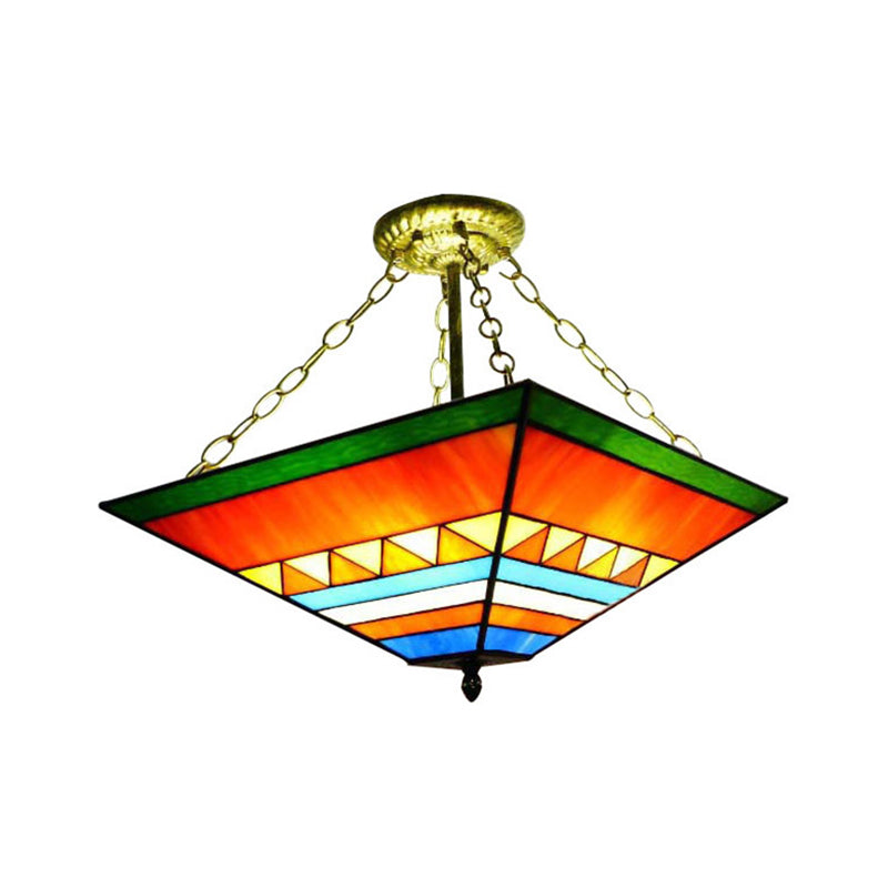 Tiffany Stylish Inverted Semi Flush Mount Light mit Trapez -Buntschatten -Glasdecklampe in Orange/Gelb