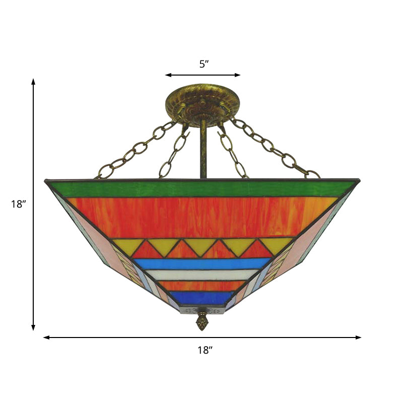 Tiffany Stylish Inverted Semi Flush Mount Light with Trapezoid Stained Shade Glass Ceiling Lamp in Orange/Yellow