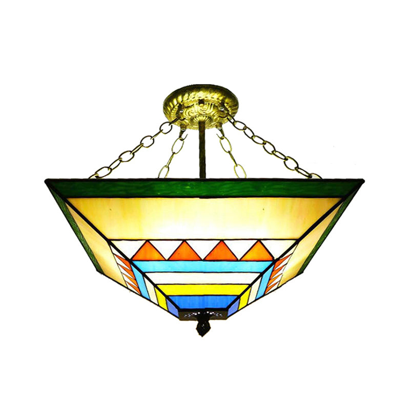 Tiffany Stylish Inverted Semi Flush Mount Light with Trapezoid Stained Shade Glass Ceiling Lamp in Orange/Yellow