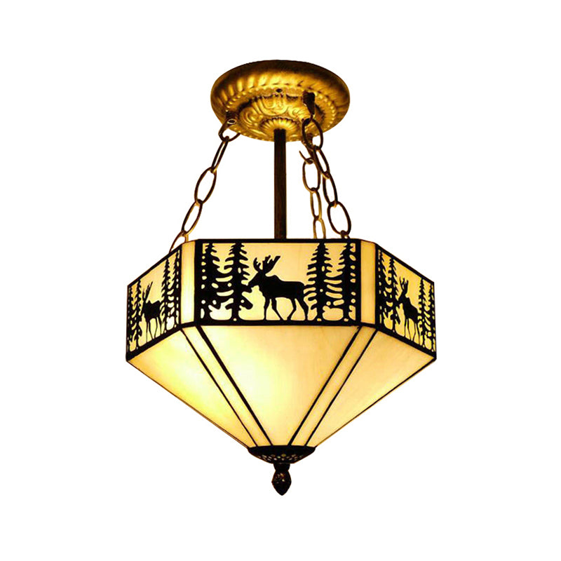 Forest Deer Restaurant plafondlamp glas Amerikaans rustieke omgekeerde 11 "/18" 22 "breed semi -flush mount licht in beige