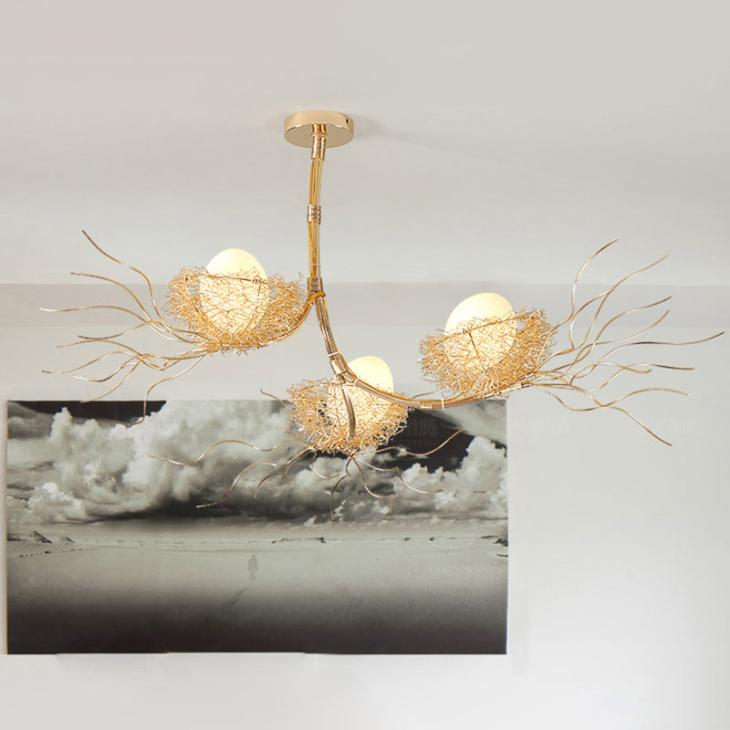 Modern Branch Hanging Light with Nest & Egg Three Lights Metal Chandelier in Gold for Study Room