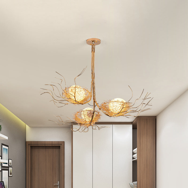 Modern Branch Hanging Light with Nest & Egg Three Lights Metal Chandelier in Gold for Study Room