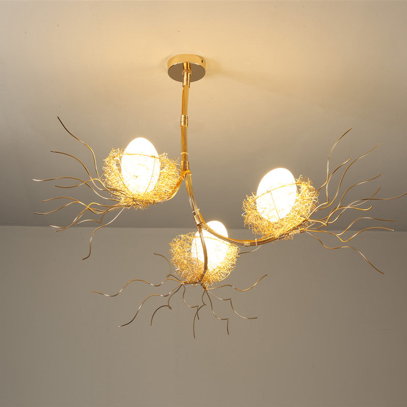 Modern Branch Hanging Light with Nest & Egg Three Lights Metal Chandelier in Gold for Study Room