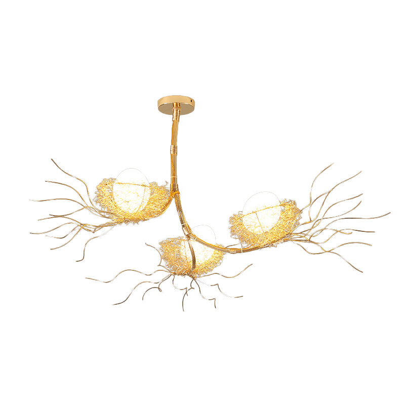 Modern Branch Hanging Light with Nest & Egg Three Lights Metal Chandelier in Gold for Study Room