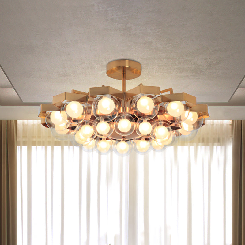 Metallic Flower Shaped Chandelier with Globe Shade Living Room 24 Lights Elegant Hanging Light in Gold