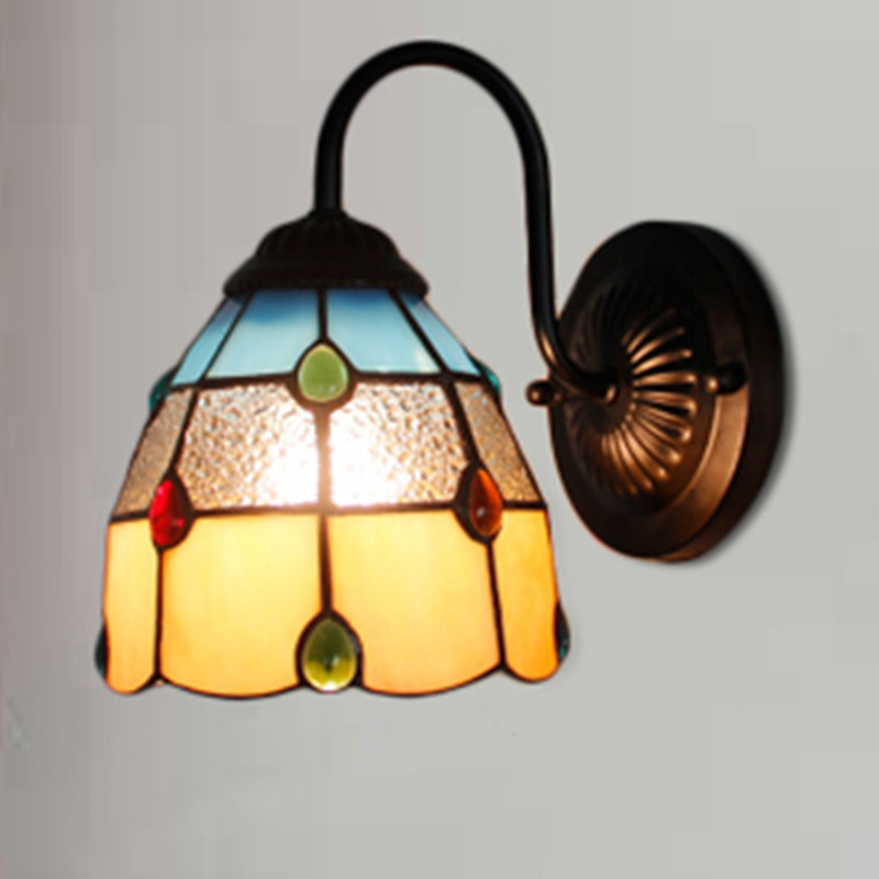 Tiffany Dome Wall Light Fixture 1 Head Yellow-Blue Glass Sconce Light with Agate Decoration