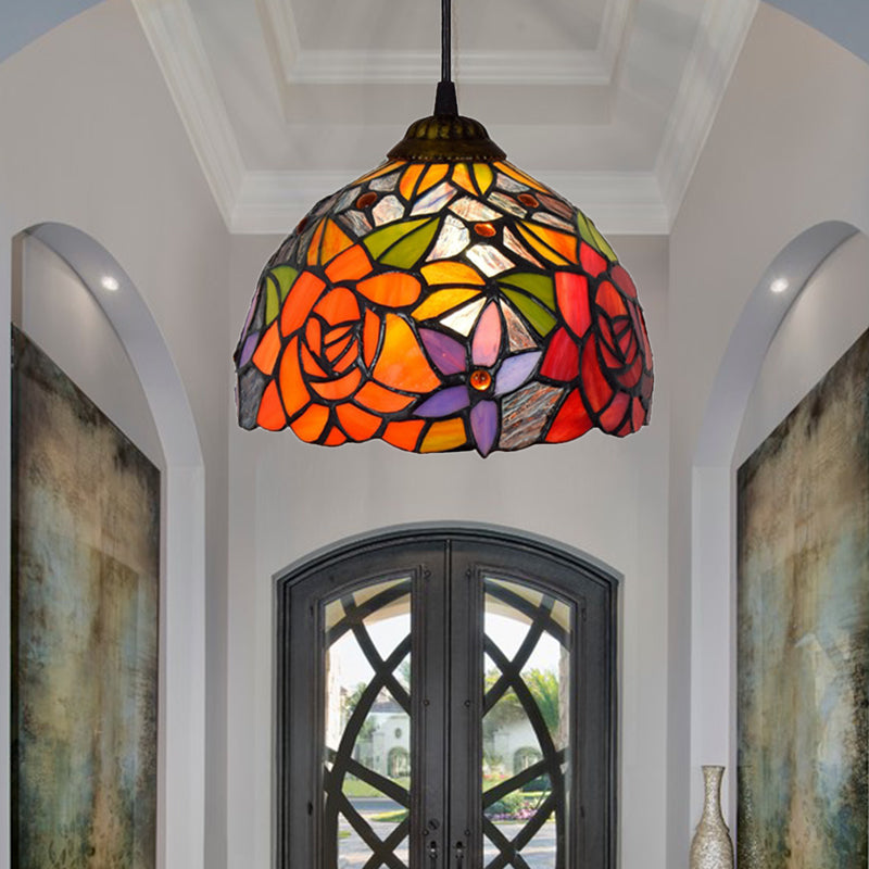 1 Bulb Bedroom Pendant Light Tiffany Ceiling Pendant Light with Blossom Orange Cut Glass Shade