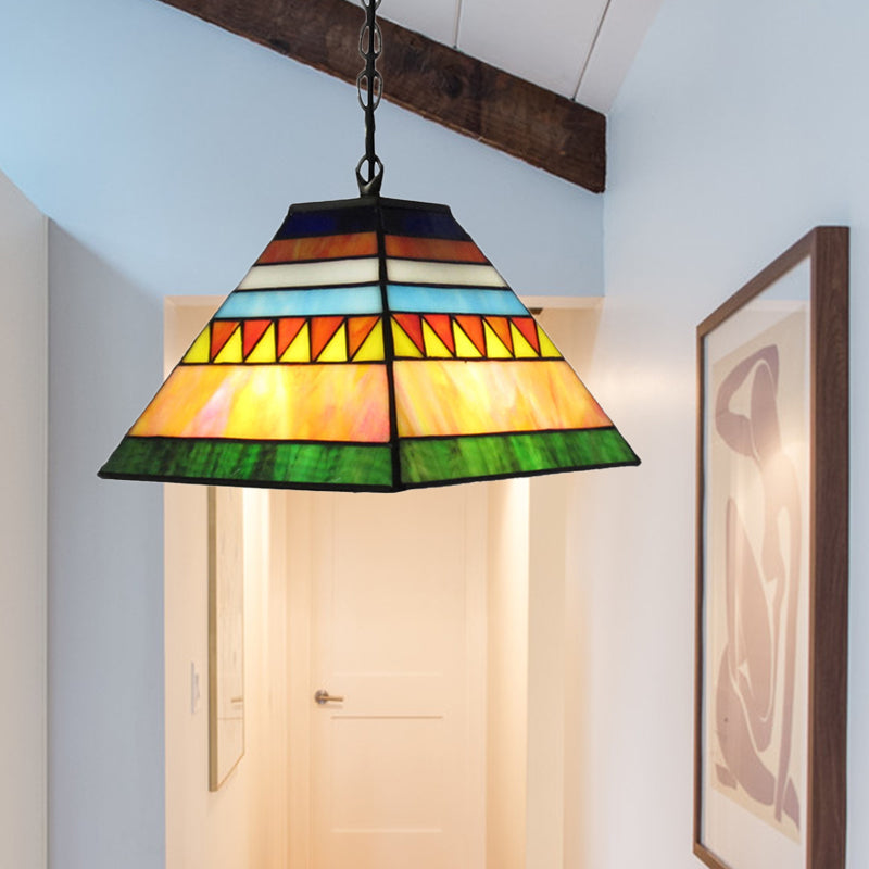 Pyramid Pendant Light Single Bulb Stained Glass Tiffany-Style Hanging Lamp in Orange/Yellow/Orange and Yellow for Hall