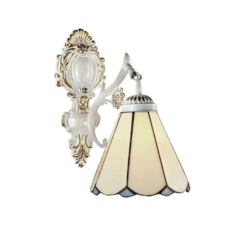 Conical Wall Sconce Light Traditional Beige Glass 1 Light Wall Lighting in White Finish for Bedroom