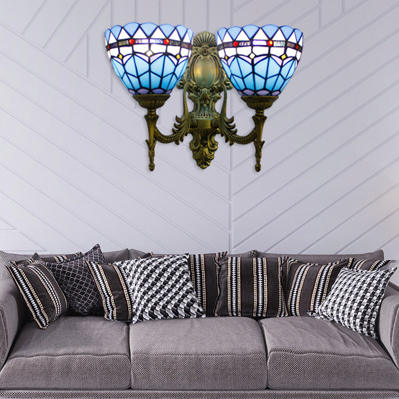 Baroque Bowl Wall Light Fixture Stained Glass 2 Heads Sconce Lighting in Antique Brass for Living Room