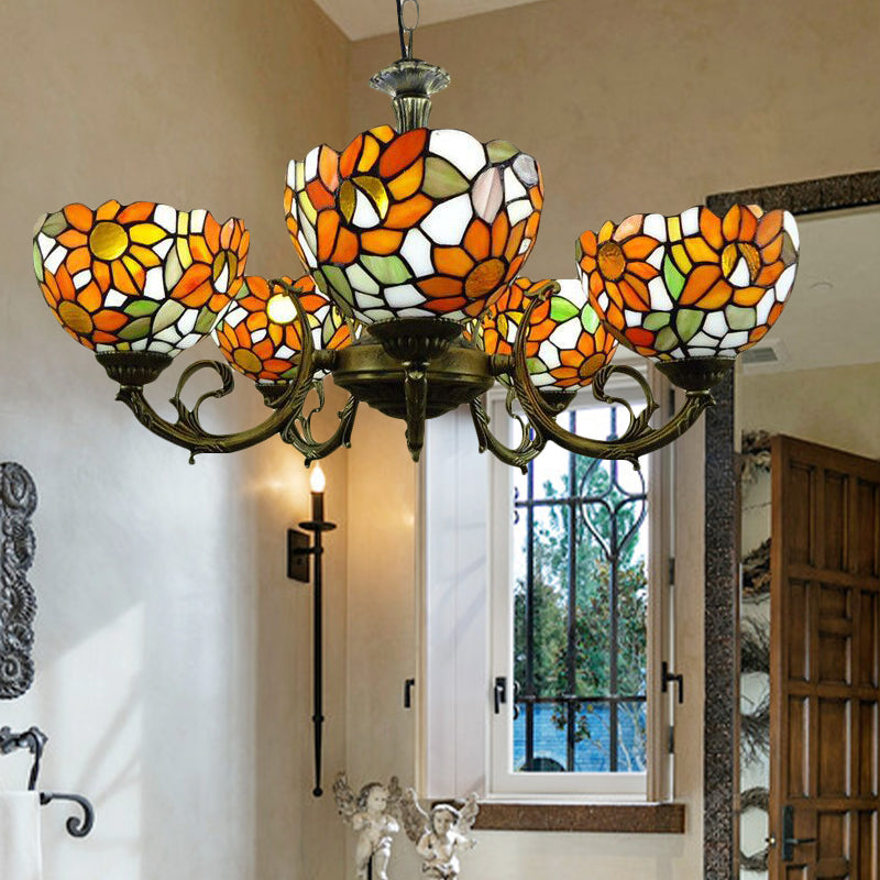 Orange Sunflower Hanging Light Rustic Style Tiffany Stained Glass Chandelier for Dining Room