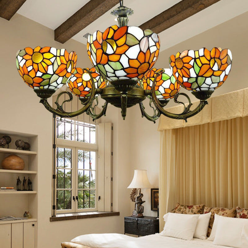 Orange Sunflower Hanging Light Rustic Style Tiffany Stained Glass Chandelier for Dining Room