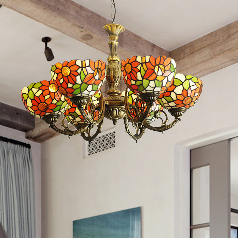 3/5/6 Lights Sunflower Kitchen Hanging Light Stained Glass Rustic Tiffany Chandelier with Inverted Shade in Orange