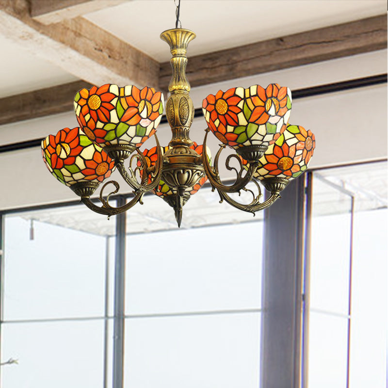 3/5/6 Lights Sunflower Kitchen Hanging Light Stained Glass Rustic Tiffany Chandelier with Inverted Shade in Orange