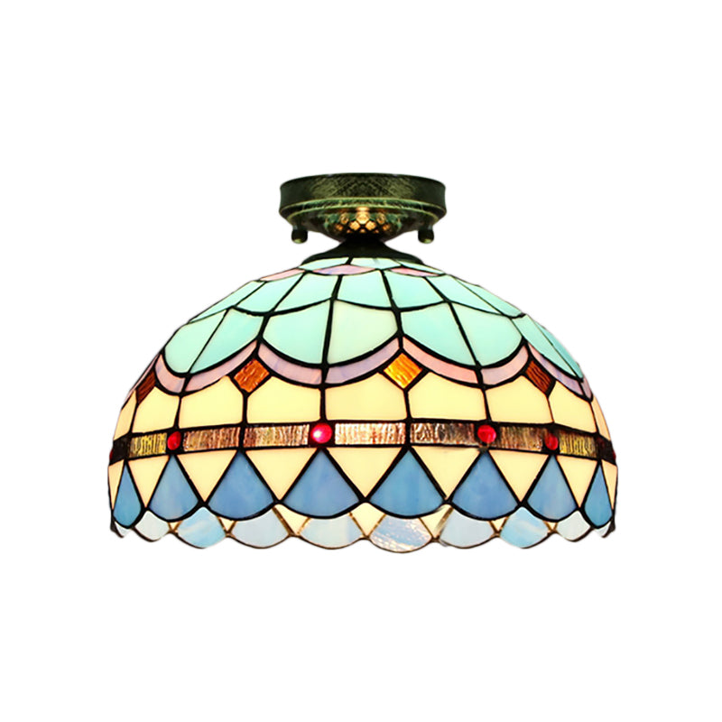 Geschulpte kom spoelverlichting met barok/edelsteen/vierkant/blauw vierkant/geel vierkant patroon Tiffany -stijl gebrandschilderd glas 1 bol spoelplafondlicht