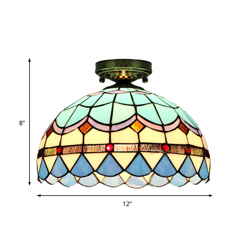 Geschulpte kom spoelverlichting met barok/edelsteen/vierkant/blauw vierkant/geel vierkant patroon Tiffany -stijl gebrandschilderd glas 1 bol spoelplafondlicht