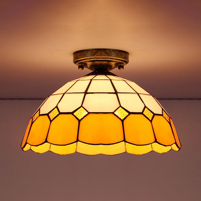 Scalloped Bowl Flush Lighting with Baroque/Gem/Square/Blue Square/Yellow Square Pattern Tiffany Style Stained Glass 1 Bulb Flush Ceiling Light