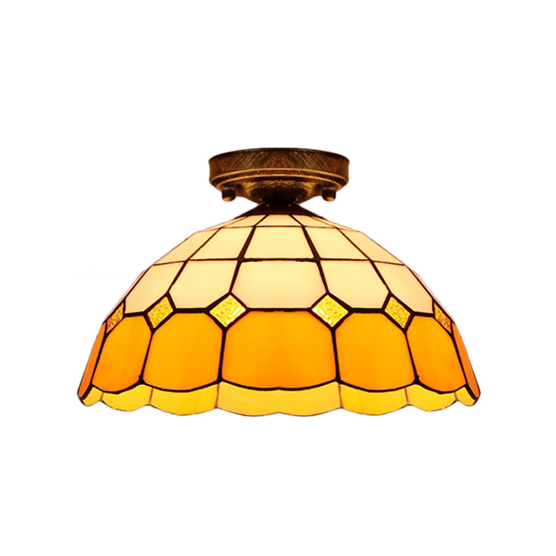 Scalloped Bowl Flush Lighting with Baroque/Gem/Square/Blue Square/Yellow Square Pattern Tiffany Style Stained Glass 1 Bulb Flush Ceiling Light