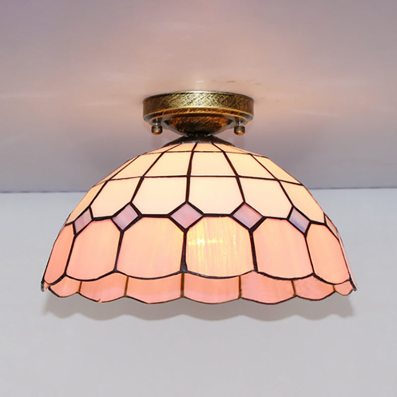 Scalloped Bowl Flush Lighting with Baroque/Gem/Square/Blue Square/Yellow Square Pattern Tiffany Style Stained Glass 1 Bulb Flush Ceiling Light