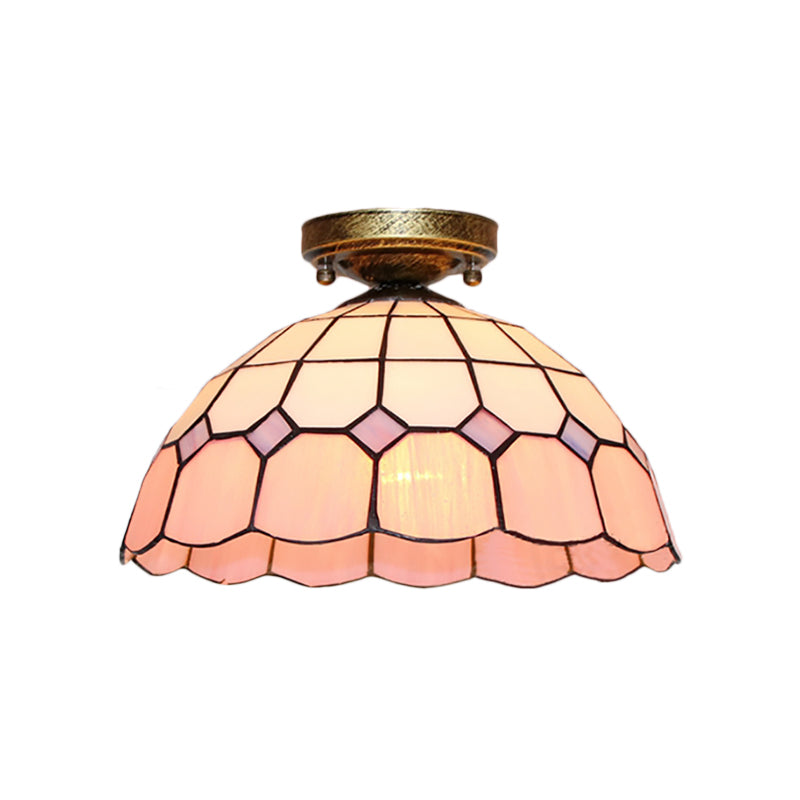 Geschulpte kom spoelverlichting met barok/edelsteen/vierkant/blauw vierkant/geel vierkant patroon Tiffany -stijl gebrandschilderd glas 1 bol spoelplafondlicht