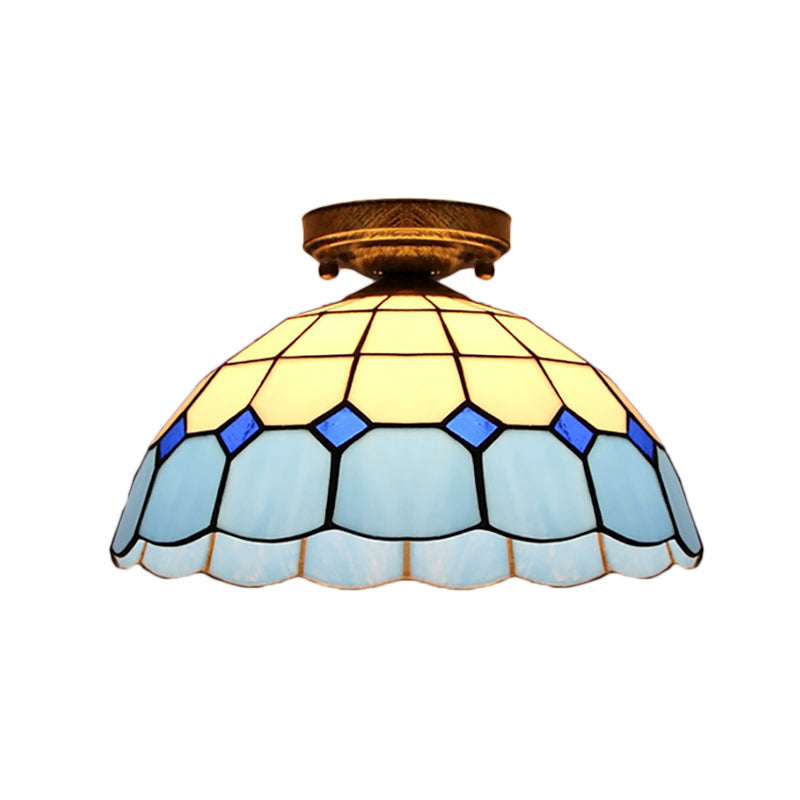 Scalloped Bowl Flush Lighting with Baroque/Gem/Square/Blue Square/Yellow Square Pattern Tiffany Style Stained Glass 1 Bulb Flush Ceiling Light